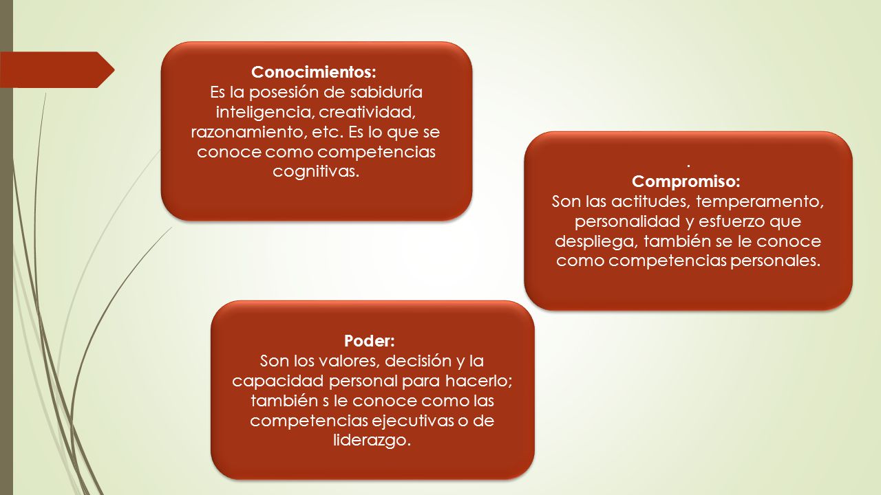 Conocimientos: Es la posesión de sabiduría inteligencia, creatividad, razonamiento, etc. Es lo que se conoce como competencias cognitivas.