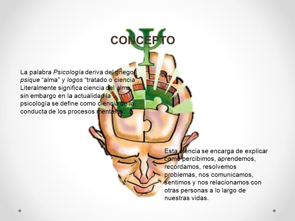 CONCEPTO La palabra Psicología deriva del griego psique alma y logos tratado o ciencia .