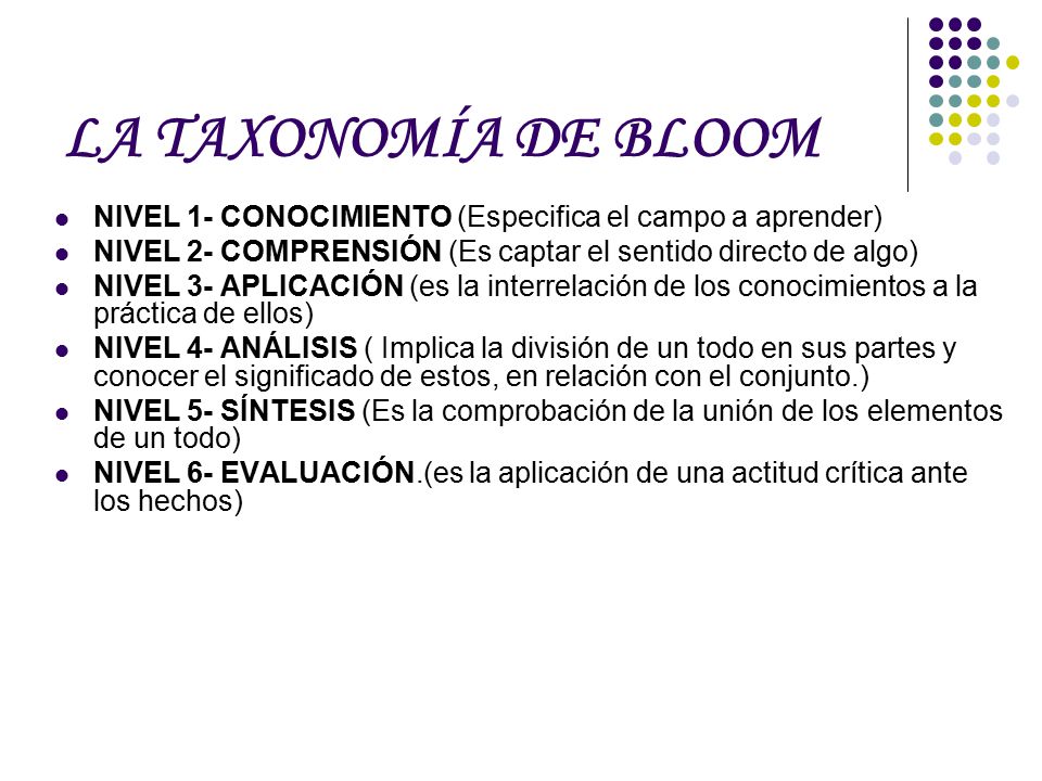 LA TAXONOMÍA DE BLOOM NIVEL 1- CONOCIMIENTO (Especifica el campo a aprender) NIVEL 2- COMPRENSIÓN (Es captar el sentido directo de algo)