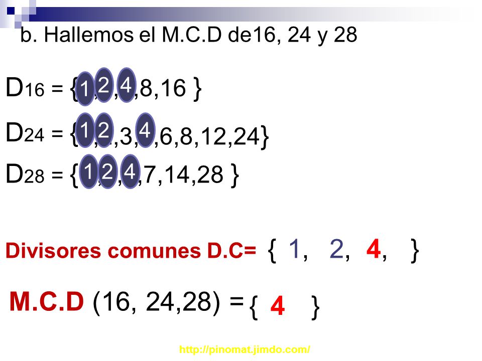 b. Hallemos el M.C.D de16, 24 y 28 D16 = { 1,2,4,8,16 } D24 = { ,2,3,4,6,8,12,24}