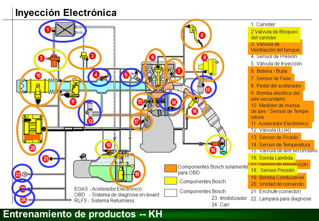 17. Sensor de Revolución 8. Pedal del acelerador. 6. Bobina / Bujía. 7. Sensor de Fase. 3. Válvula de Ventilación del tanque.