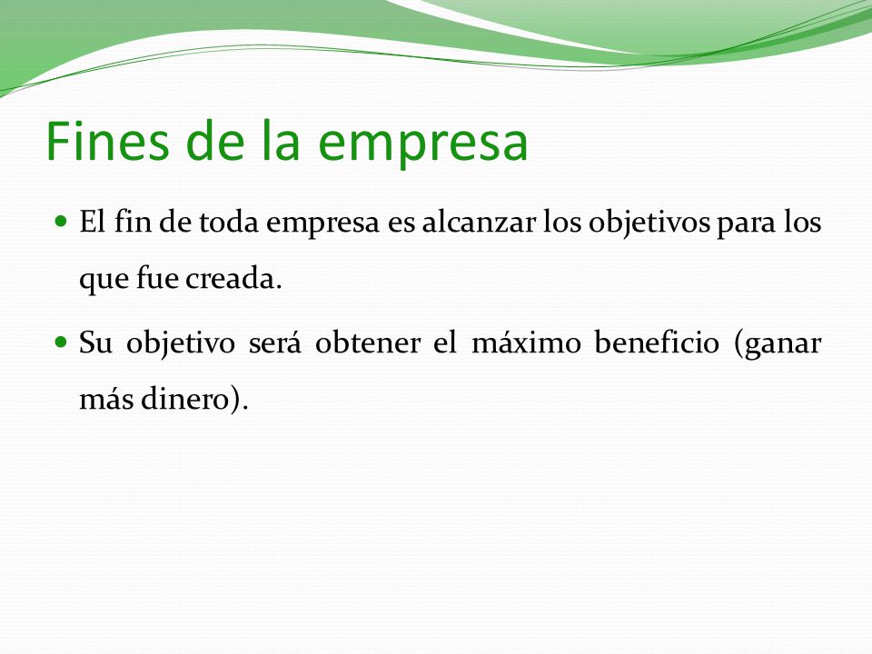 Fines de la empresa El fin de toda empresa es alcanzar los objetivos para los que fue creada.