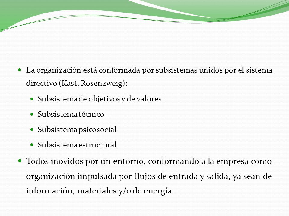 La organización está conformada por subsistemas unidos por el sistema directivo (Kast, Rosenzweig):