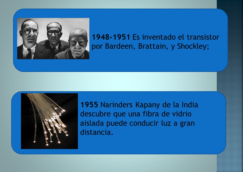 Es inventado el transistor por Bardeen, Brattain, y Shockley;