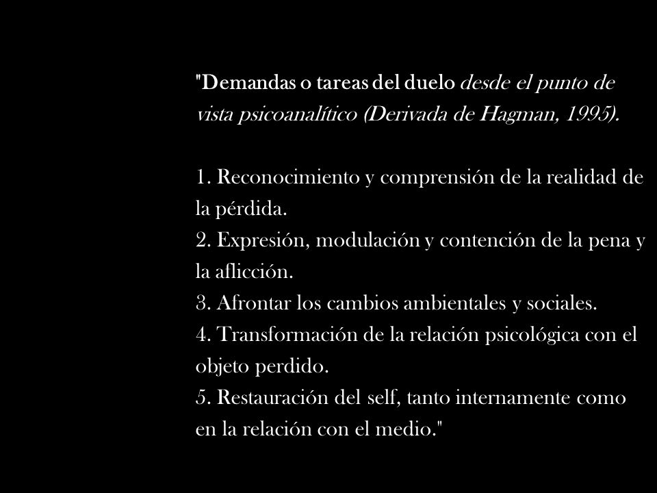 Demandas o tareas del duelo desde el punto de vista psicoanalítico (Derivada de Hagman, 1995).
