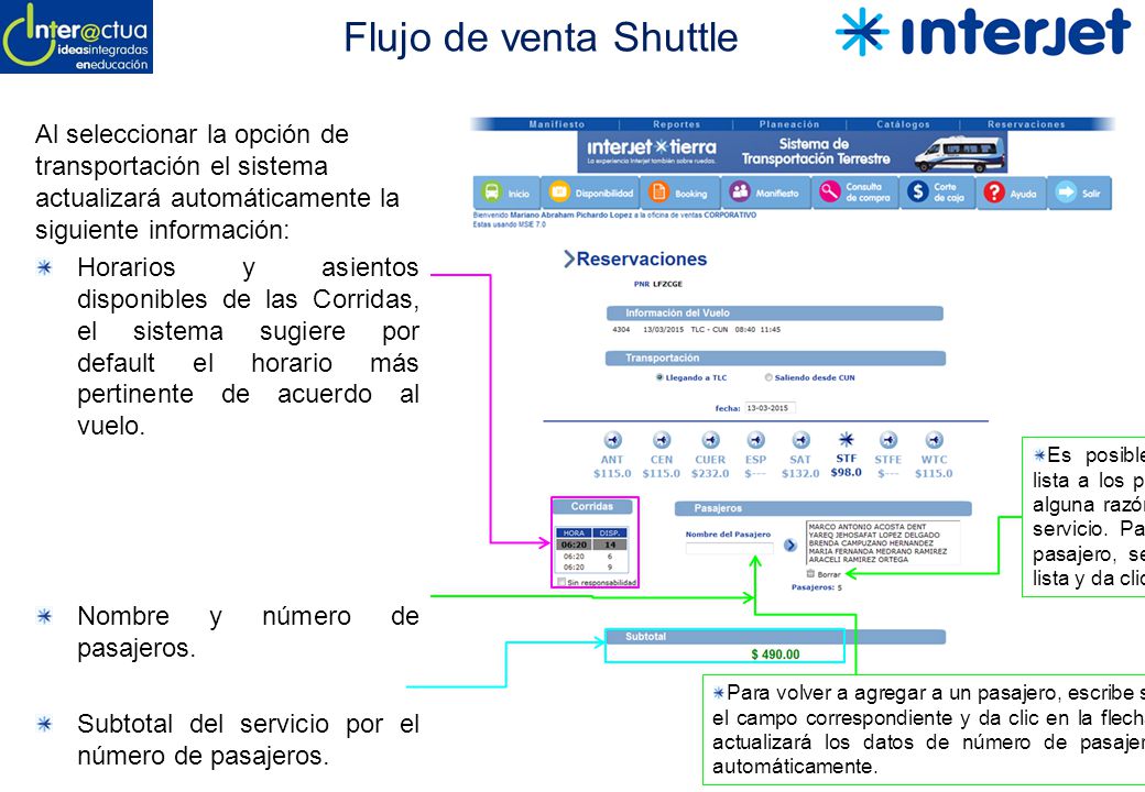 Flujo de venta Shuttle Al seleccionar la opción de transportación el sistema actualizará automáticamente la siguiente información: