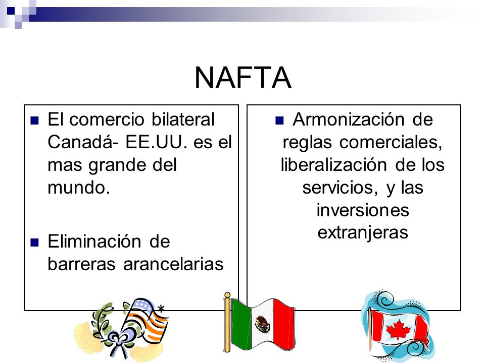 NAFTA El comercio bilateral Canadá- EE.UU. es el mas grande del mundo.
