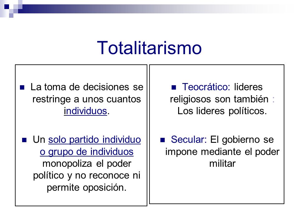 Totalitarismo La toma de decisiones se restringe a unos cuantos individuos.