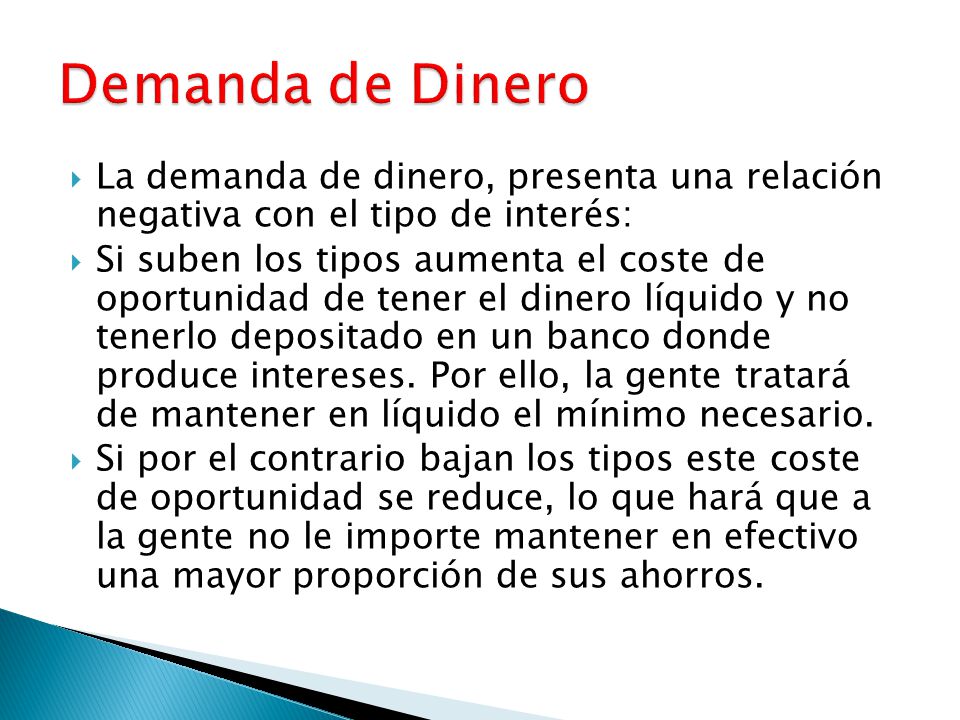 Demanda de Dinero La demanda de dinero, presenta una relación negativa con el tipo de interés: