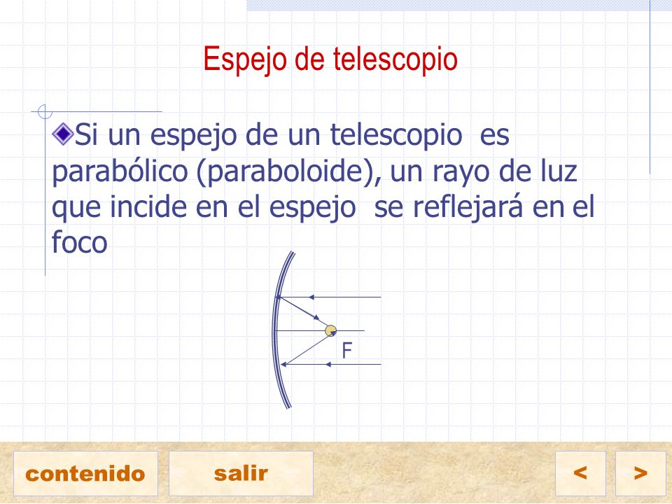 Espejo de telescopio Si un espejo de un telescopio es parabólico (paraboloide), un rayo de luz que incide en el espejo se reflejará en el foco.