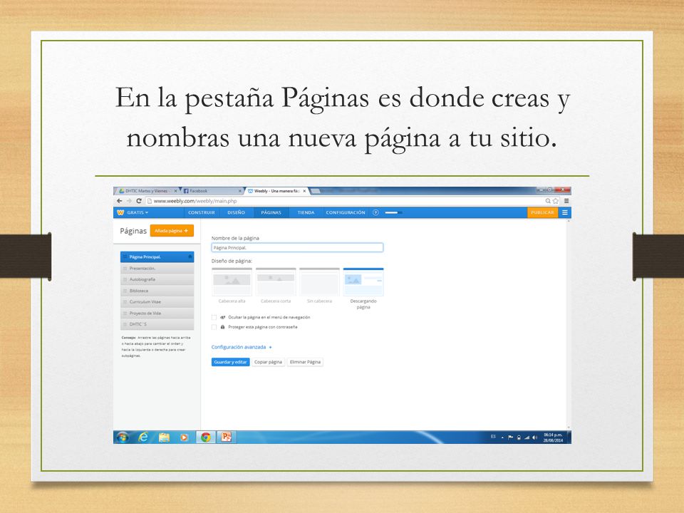 En la pestaña Páginas es donde creas y nombras una nueva página a tu sitio.