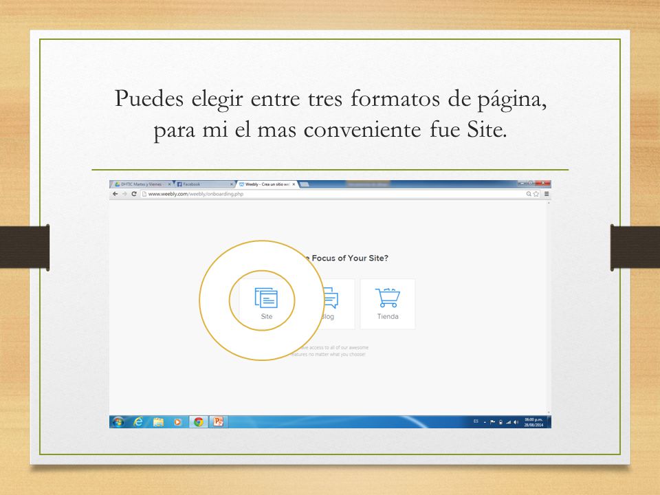 Puedes elegir entre tres formatos de página, para mi el mas conveniente fue Site.