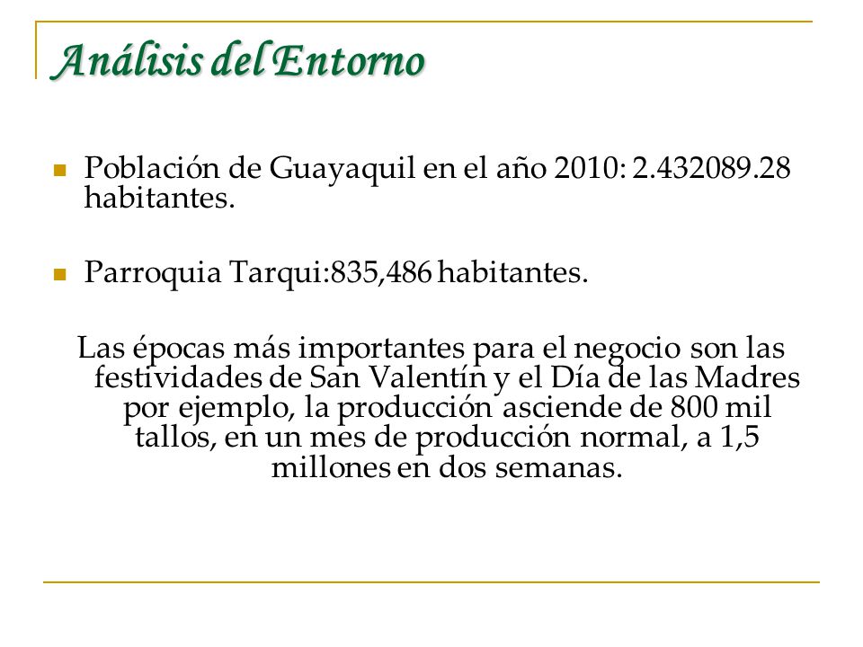 Análisis del Entorno Población de Guayaquil en el año 2010: habitantes. Parroquia Tarqui:835,486 habitantes.