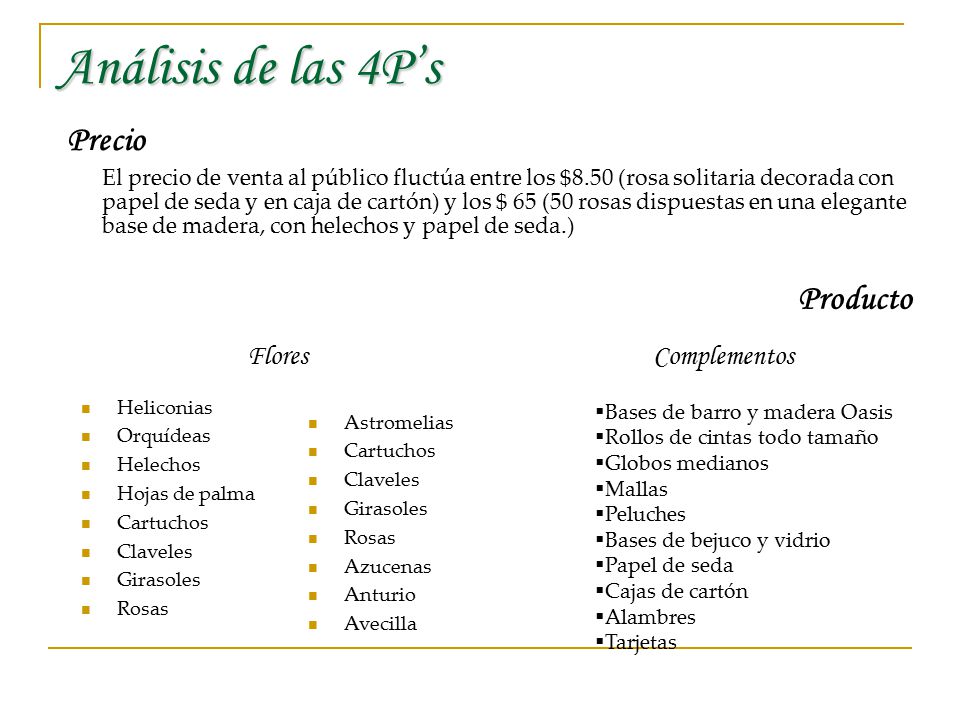 Análisis de las 4P’s Precio Producto Flores Complementos