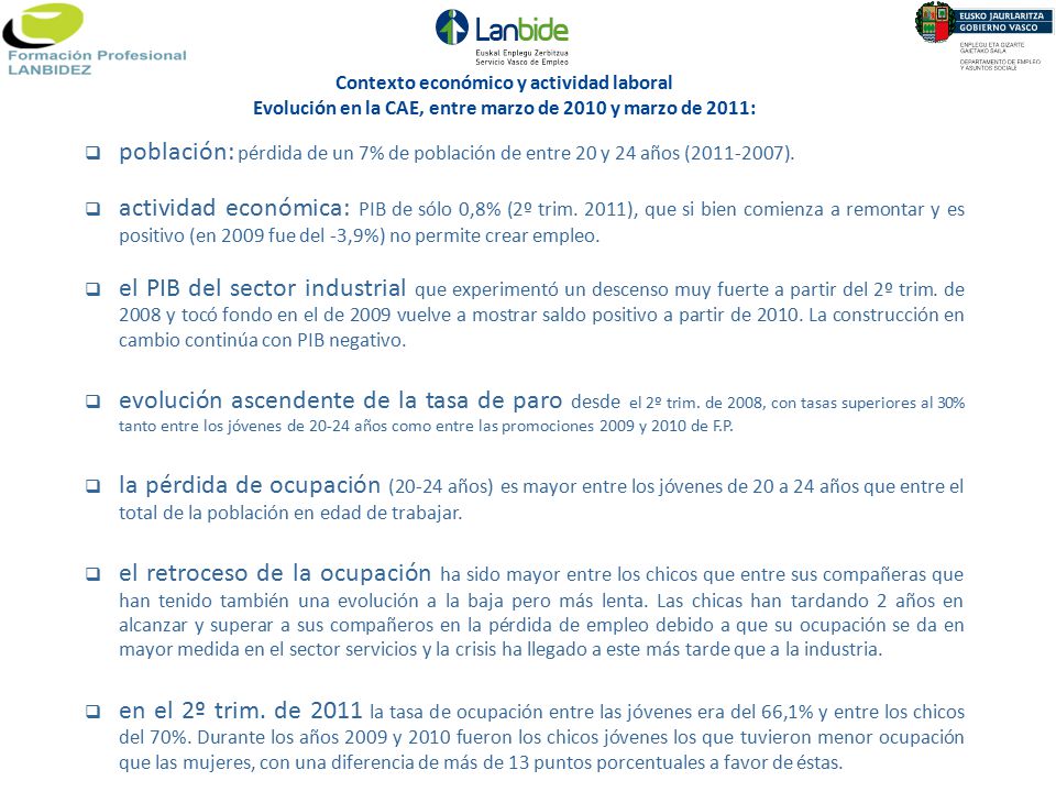 Contexto económico y actividad laboral Evolución en la CAE, entre marzo de 2010 y marzo de 2011: