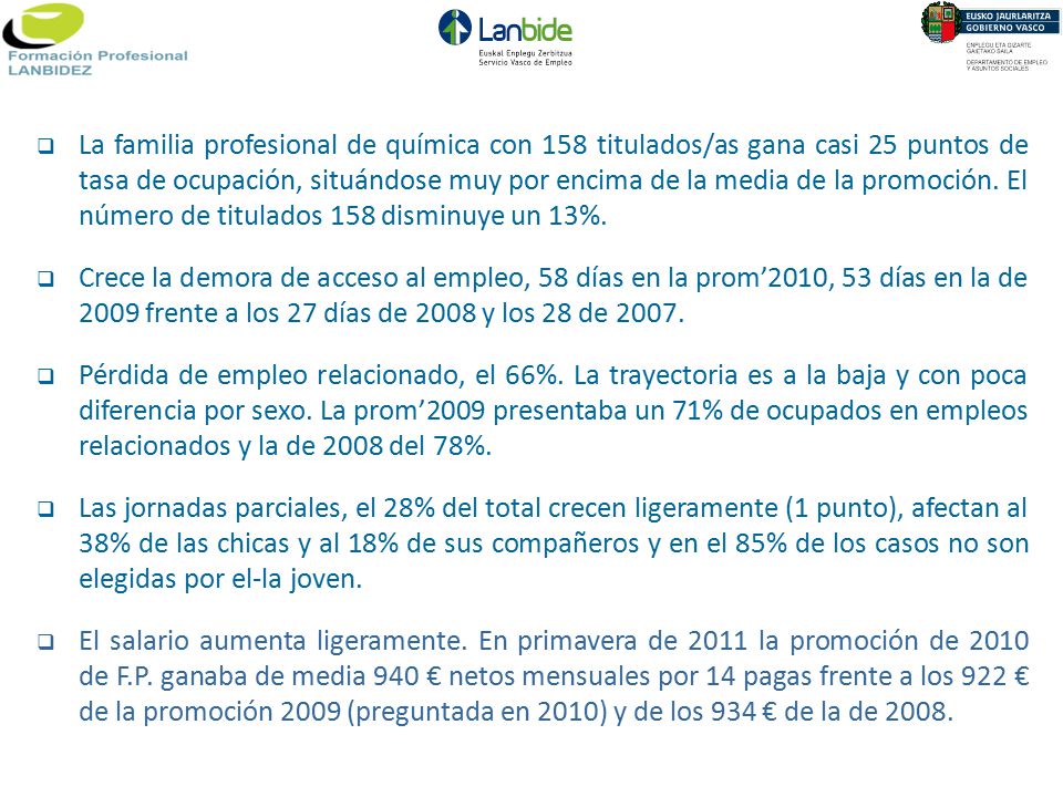 La familia profesional de química con 158 titulados/as gana casi 25 puntos de tasa de ocupación, situándose muy por encima de la media de la promoción. El número de titulados 158 disminuye un 13%.