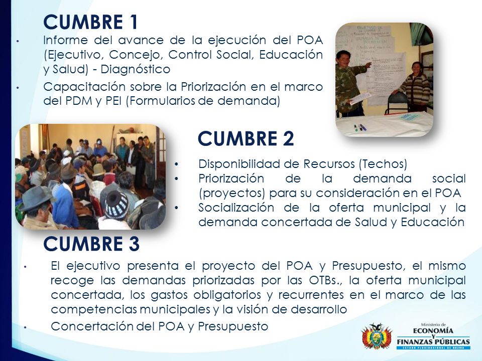 CUMBRE 1 Informe del avance de la ejecución del POA (Ejecutivo, Concejo, Control Social, Educación y Salud) - Diagnóstico.