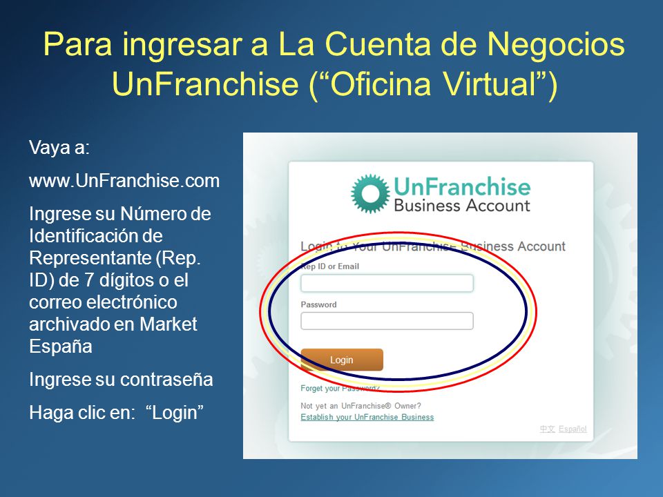 Para ingresar a La Cuenta de Negocios UnFranchise ( Oficina Virtual )