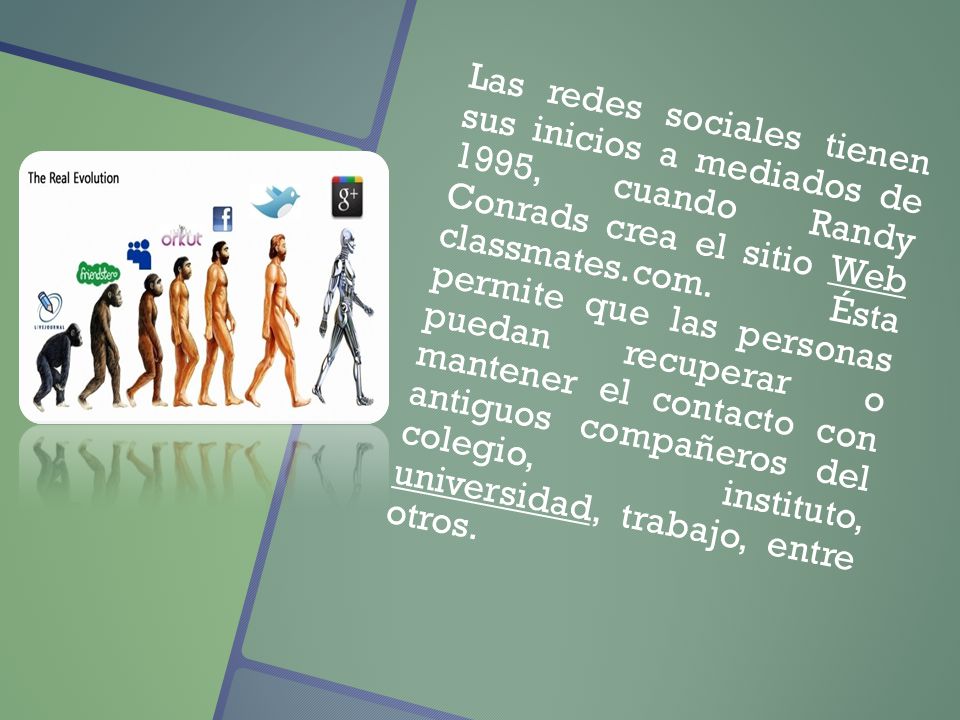 Las redes sociales tienen sus inicios a mediados de 1995, cuando Randy Conrads crea el sitio Web classmates.com.