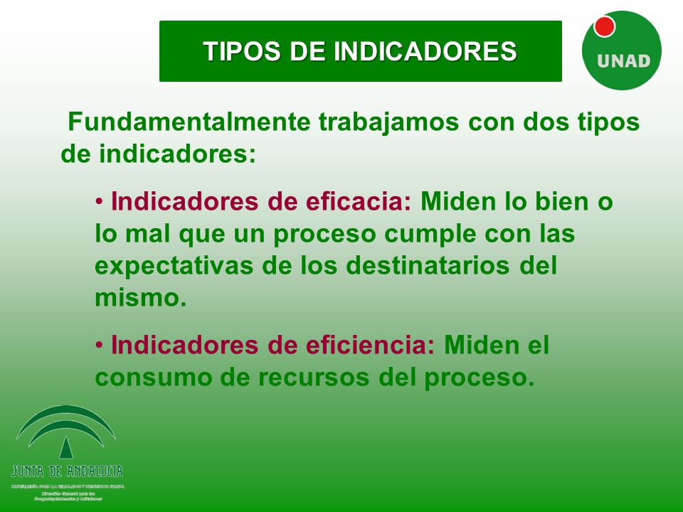 TIPOS DE INDICADORES Fundamentalmente trabajamos con dos tipos de indicadores: