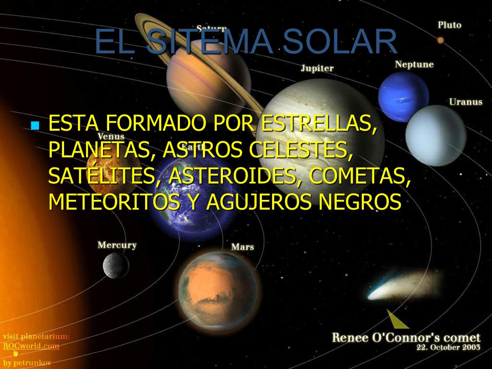 EL SITEMA SOLAR ESTA FORMADO POR ESTRELLAS, PLANETAS, ASTROS CELESTES, SATÉLITES, ASTEROIDES, COMETAS, METEORITOS Y AGUJEROS NEGROS.
