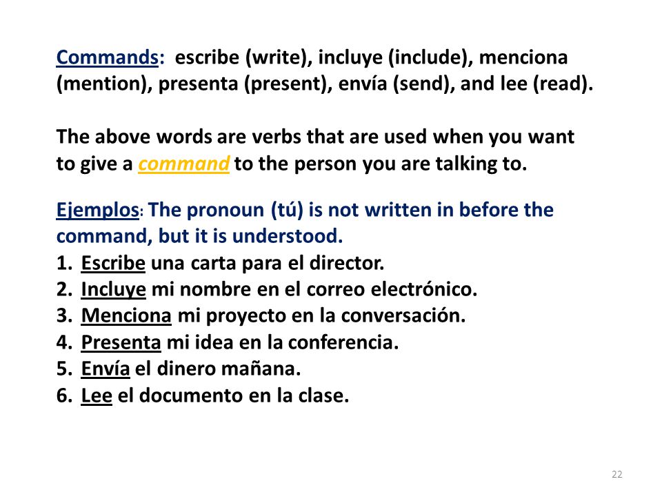 Commands: escribe (write), incluye (include), menciona (mention), presenta (present), envía (send), and lee (read).