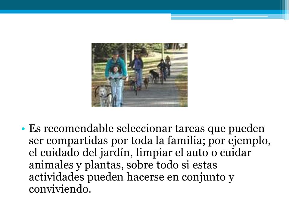 Es recomendable seleccionar tareas que pueden ser compartidas por toda la familia; por ejemplo, el cuidado del jardín, limpiar el auto o cuidar animales y plantas, sobre todo si estas actividades pueden hacerse en conjunto y conviviendo.
