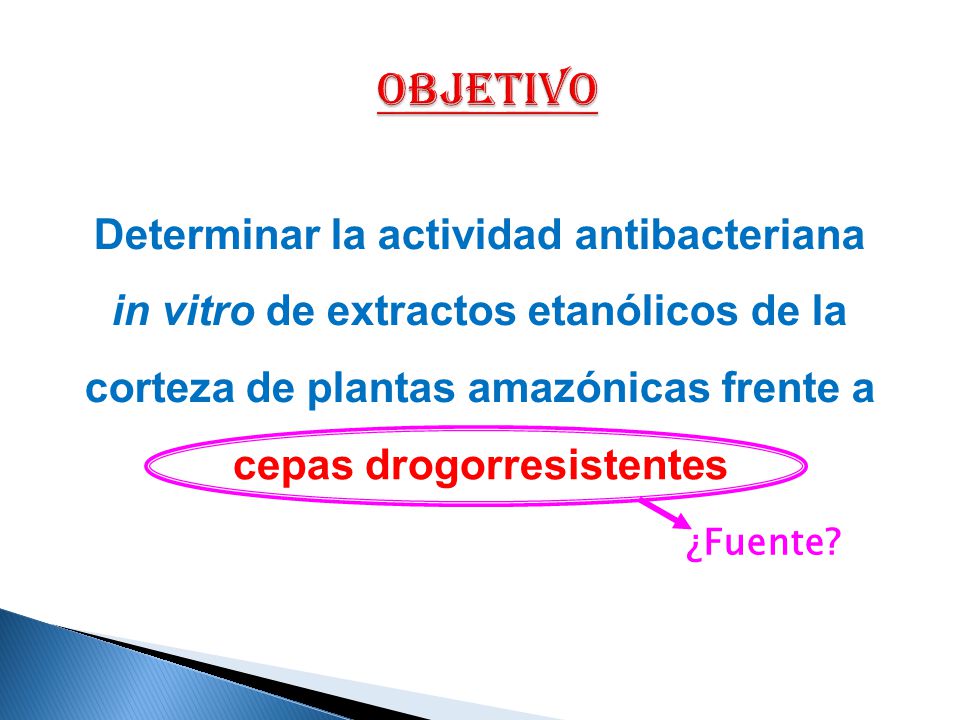 OBJETIVO Determinar la actividad antibacteriana in vitro de extractos etanólicos de la corteza de plantas amazónicas frente a.