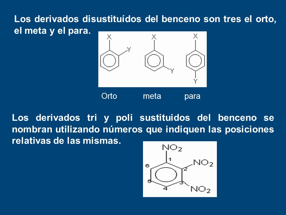 Los derivados disustituídos del benceno son tres el orto, el meta y el para.