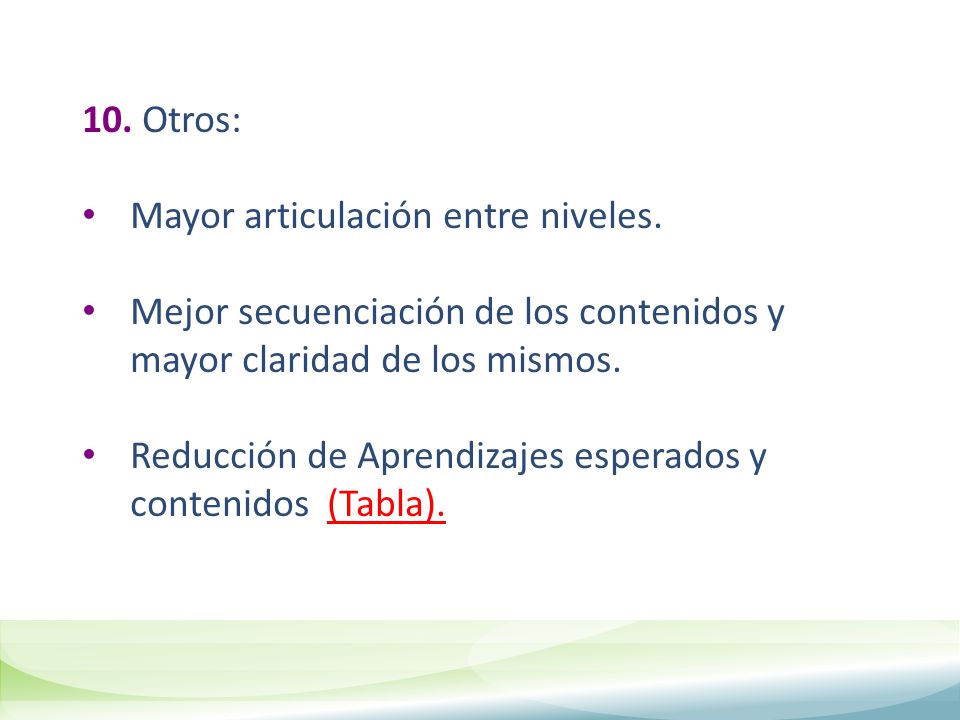 10. Otros: Mayor articulación entre niveles. Mejor secuenciación de los contenidos y mayor claridad de los mismos.