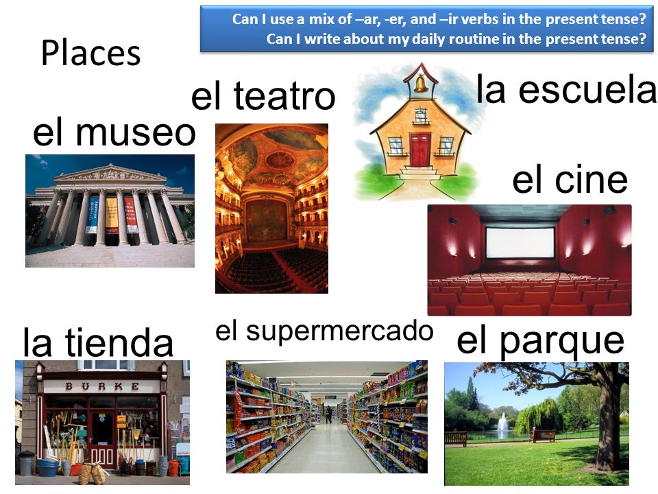 Places la escuela el teatro el museo el cine el parque la tienda