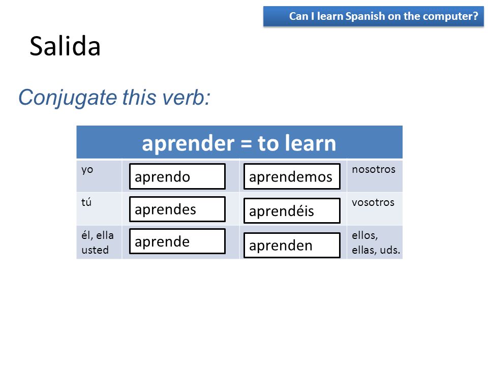 Salida aprender = to learn Conjugate this verb: aprendo aprendemos