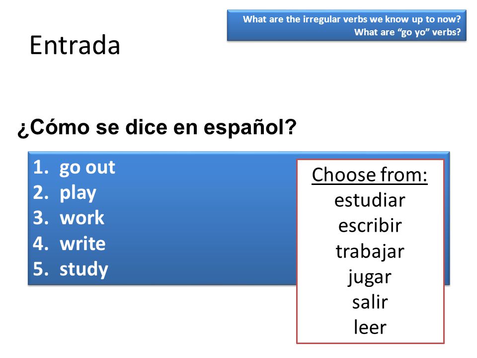 Entrada ¿Cómo se dice en español go out Choose from: play estudiar