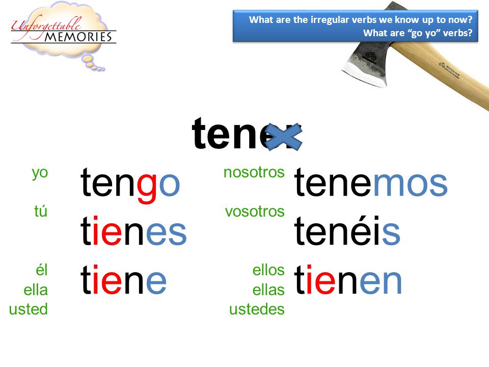 tener tengo tienes tiene tenemos tenéis tienen yo tú él ella usted