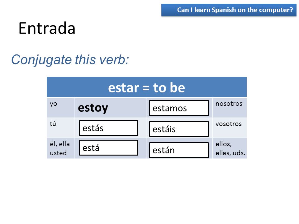 Entrada estar = to be estoy Conjugate this verb: estamos estás estáis