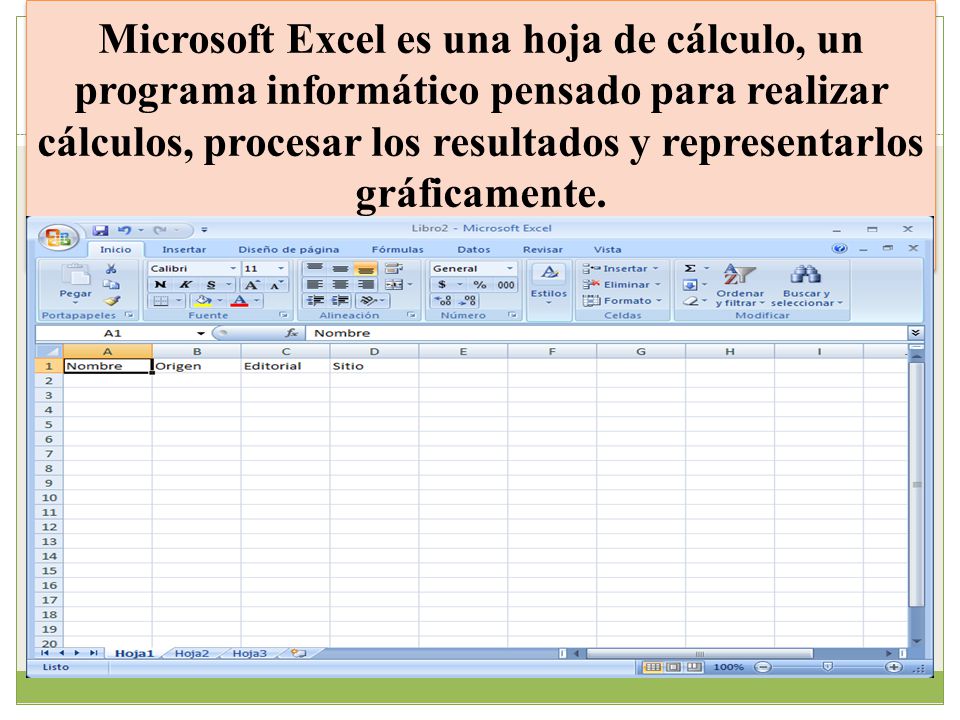 Microsoft Excel es una hoja de cálculo, un programa informático pensado para realizar cálculos, procesar los resultados y representarlos gráficamente.
