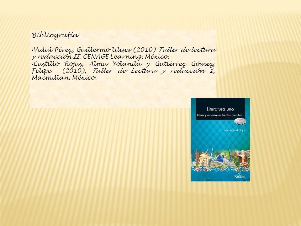 Bibliografía: Vidal Pérez, Guillermo Ulises (2010) Taller de lectura y redacción II. CENAGE Learning. México.