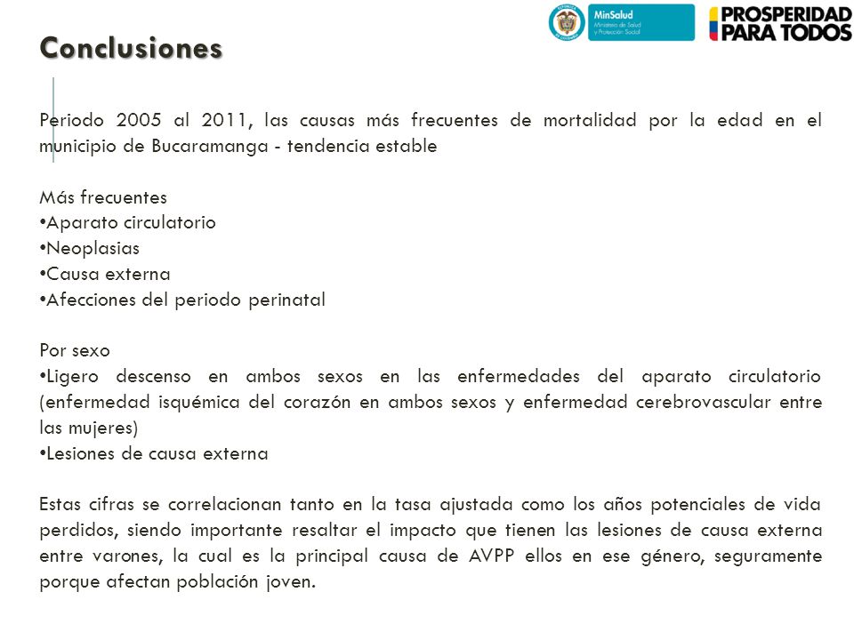Conclusiones Periodo 2005 al 2011, las causas más frecuentes de mortalidad por la edad en el municipio de Bucaramanga - tendencia estable.