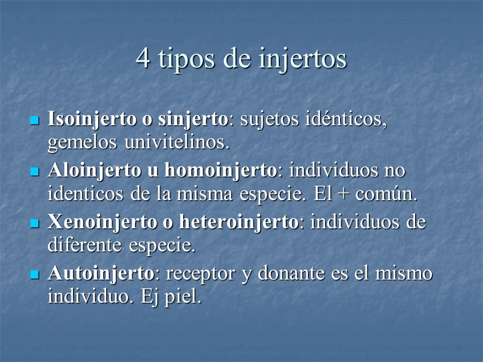 4 tipos de injertos Isoinjerto o sinjerto: sujetos idénticos, gemelos univitelinos.
