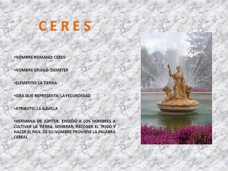 C E R E S NOMBRE ROMANO: CERES NOMBRE GRIEGO: DEMETER