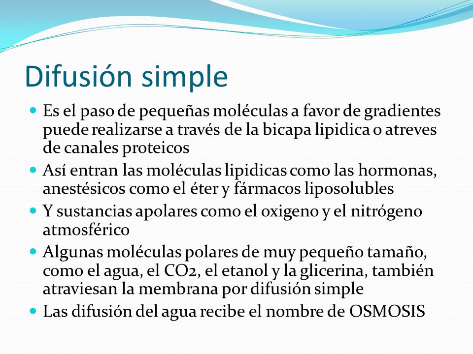 Difusión simple Es el paso de pequeñas moléculas a favor de gradientes puede realizarse a través de la bicapa lipidica o atreves de canales proteicos.