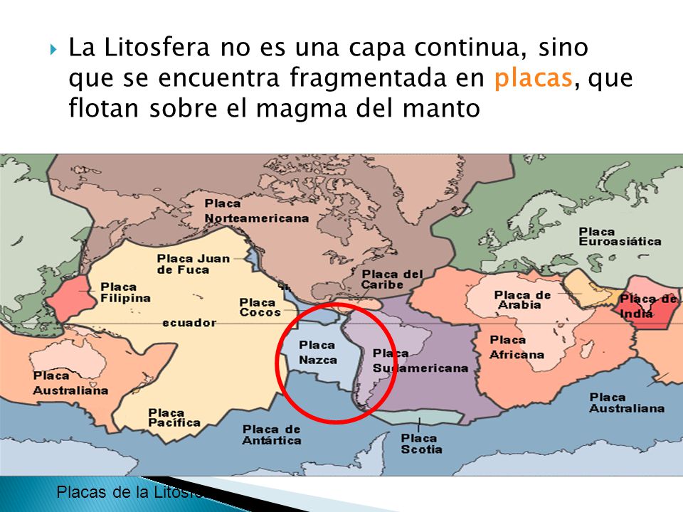La Litosfera no es una capa continua, sino que se encuentra fragmentada en placas, que flotan sobre el magma del manto