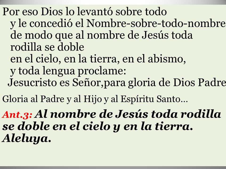 Por eso Dios lo levantó sobre todo y le concedió el Nombre-sobre-todo-nombre de modo que al nombre de Jesús toda