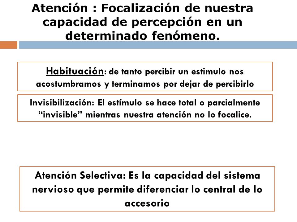 Atención : Focalización de nuestra capacidad de percepción en un determinado fenómeno.