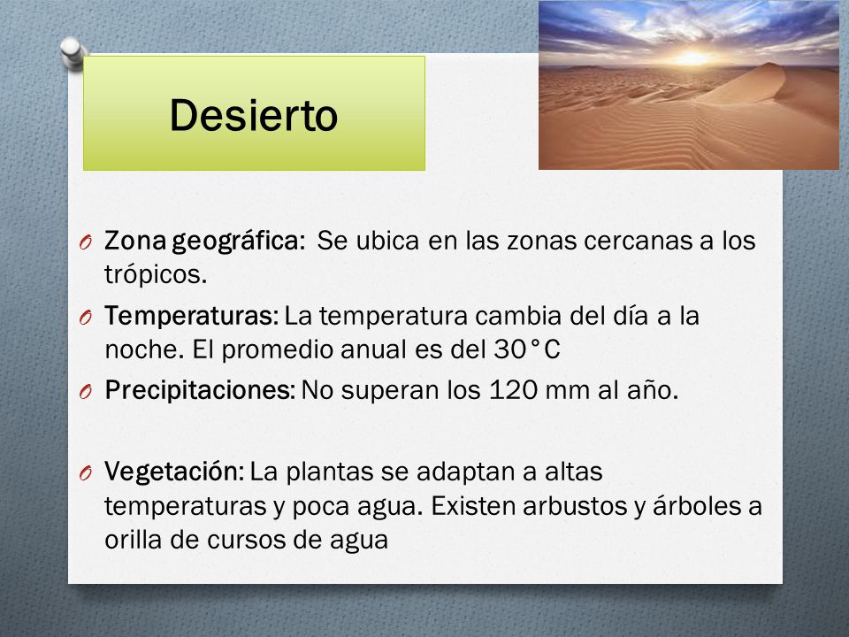 Desierto Zona geográfica: Se ubica en las zonas cercanas a los trópicos.