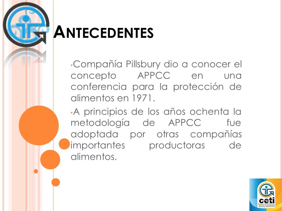 Antecedentes Compañía Pillsbury dio a conocer el concepto APPCC en una conferencia para la protección de alimentos en