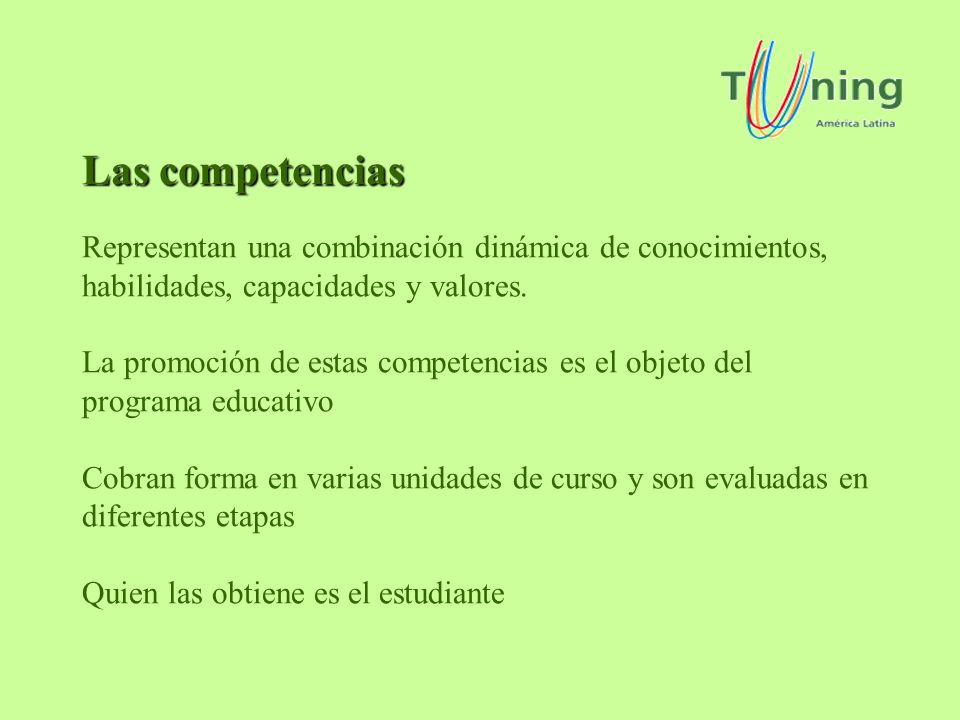 Las competencias Representan una combinación dinámica de conocimientos, habilidades, capacidades y valores.