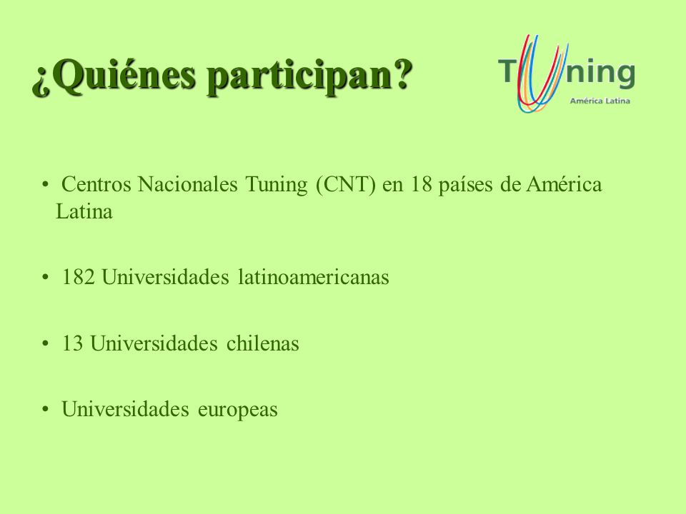 ¿Quiénes participan Centros Nacionales Tuning (CNT) en 18 países de América Latina. 182 Universidades latinoamericanas.