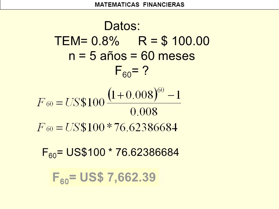 Datos: TEM= 0.8% R = $ n = 5 años = 60 meses F60=