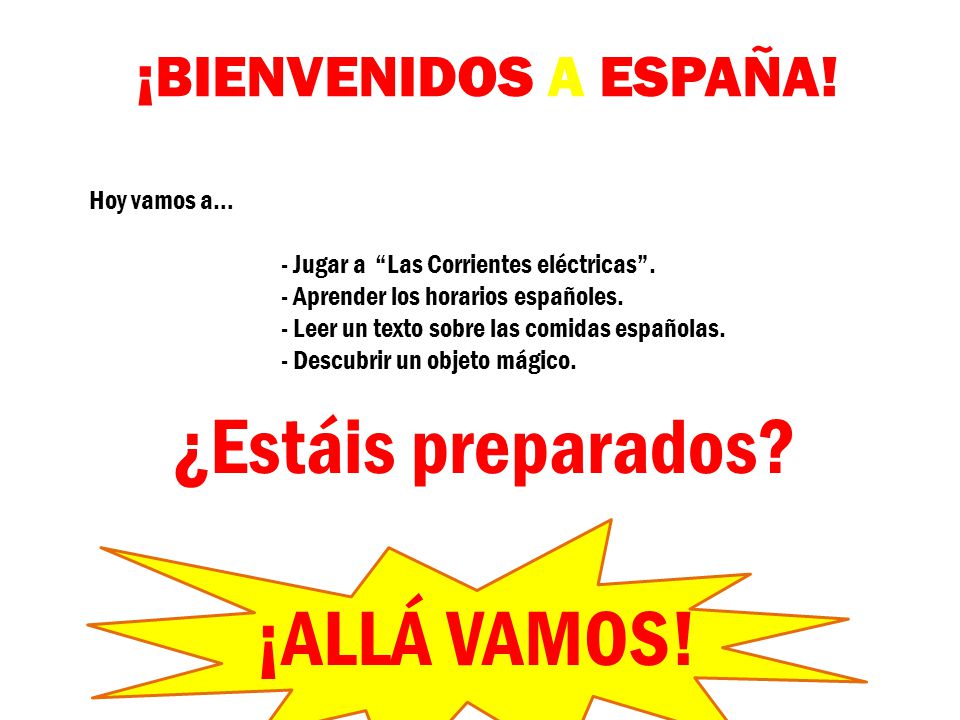 ¿Estáis preparados ¡ALLÁ VAMOS! ¡BIENVENIDOS A ESPAÑA! Hoy vamos a…